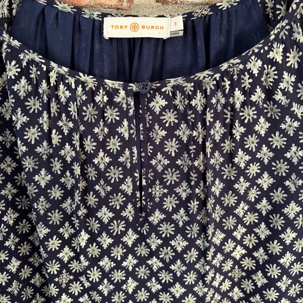 Tory Burch Navy Blue Silk Printed Long Sleeve Blouse Top, 8